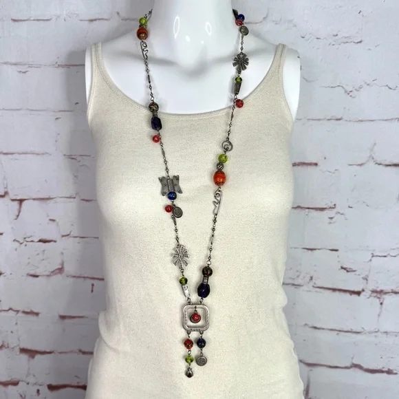 CHICO’S 21 Inch Long Multicolor Stones Beads Burnished Silver Necklace - Picture 2 of 9